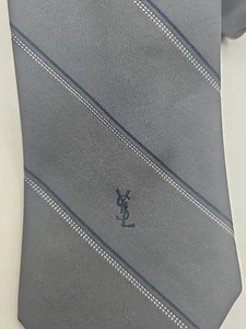 Yves Saint Laurent YSL Tie Embroidered Logo Vintage Gray Navy Striped 54" x 3" - Picture 1 of 3