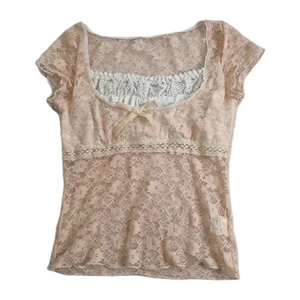 Coquette Lace Top Size S Boho Cottage Core Milkmaid Peach Pink Stretch Sheer EUC - Picture 1 of 7