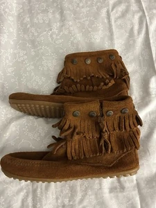 Minnetonka Double Fringe Boots Moccasins Womens Size 7 Brown Festival Cowgirl - Picture 1 of 16