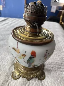 Antique 1880’s Fostoria Hand Painted Oil Lamp Floral Red Crested Turaco Brass - Picture 1 of 23