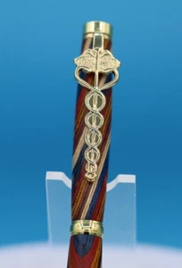 Caduceus Medical Symbol, 24kt Gold Clip, Color Grain Wood, Gift for Doctor/Nurse - Picture 1 of 11