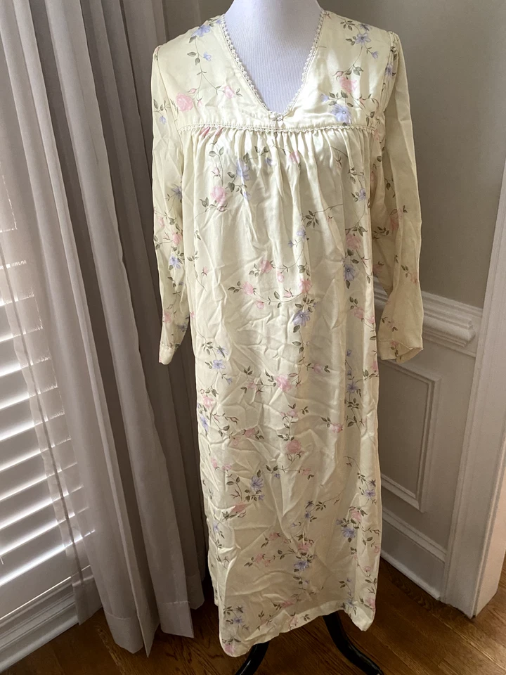 Charter Club Camisón Mediano M Vestido Algodón Espalda Satén Manga Larga Amarillo Floral Foto 1 de 4