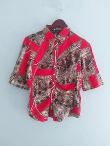7th Avenue Button Up Top Women SZ M 3/4 Sleeves Red Brown Animal Print Ruching - Picture 1 of 9
