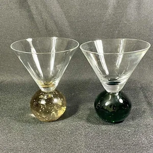 Pair Bubble Ball Base With Bubbles Martini Glasses Amber & Green 4.5”H Set of 2 - Picture 1 of 15
