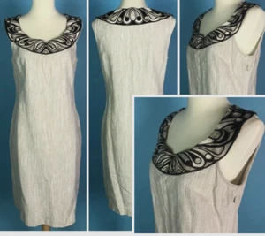Dana Buchman Linen Dress 14 Beige Brown Sleeveless Embroidered Sheath Boho Beach - Picture 1 of 15