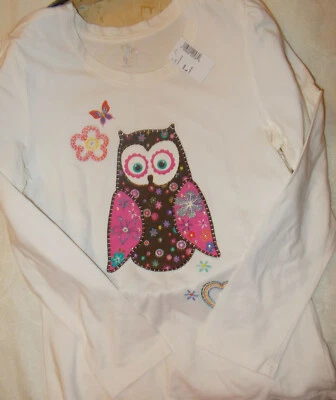 NUEVA Camiseta The Childrens Place Girl Gráfico Búho L 10/12 Manga Larga Marfil Top Foto 1 de 2