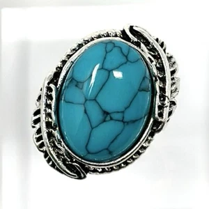 Vintage Ring Silberfarben Kunststein Türkis Farbe Oval Größe 6 - Bild 1 von 8
