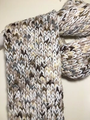 Fossil White Brown Beige Gray Ivory Knit Scarf with Tassels - Image 1 of 4