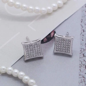 Gold Silver 11mm Square CZ Stud Earrings of Mens aretes para hombre - Picture 1 of 12
