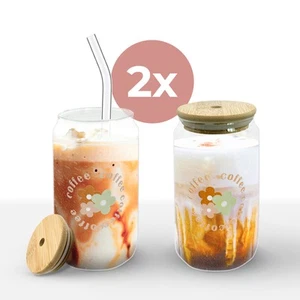 2x ROY Cocktailgläser - Set mit Deckel Strohhalm – 500ml Eiskaffee Trinkgläser - Bild 1 von 4