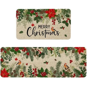 Holly Poinsettia Merry Christmas Kitchen Mats Set of 2, Winter Christmas Kitc... - Picture 1 of 7