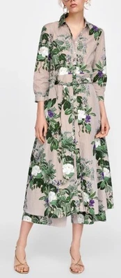 Vestido Camisa Zara Floral Rayas Midi Romántico Clásico Modesto Casa Botánico M Foto 1 de 4