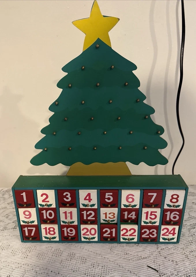 Wood Christmas Advent Calendar 16" H Holly Gold Toned Gift Pegs 21 Ornaments - Image 1 of 3