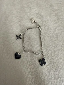 LOUIS VUITTON Monogram Flower Heart Charm Silver Chain Bracelet Black Enamel - Picture 1 of 5