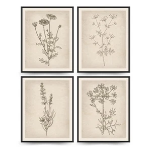 Vintage Floral Wall Art Prints Set of 4, Neutral Boho Wildflower Pictures, Mi... - Picture 1 of 6