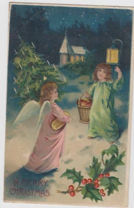 Antique A Merry Christmas Angels 1907 B. W. Postcard - Picture 1 of 2