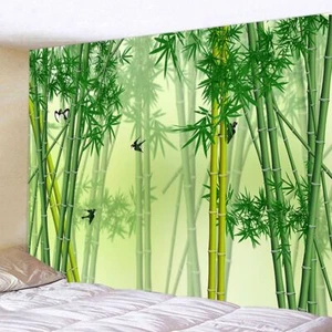 Green Bamboo Forest Tapestry Wall Hanging Large Fabric Bird Asian Art Room Decor - Picture 1 of 7