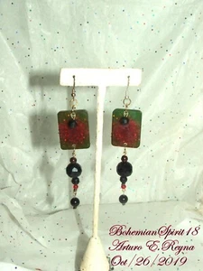 Bakelite Green Tile Black Lucite Beads Handmade One Of A Kind Designer Earrings - Picture 1 of 3