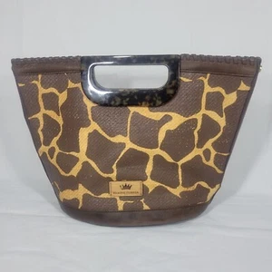 Elaine Turner Gabby Hand Bag Raffia Woven Giraffe Animal Print Tortoise Handle - Picture 1 of 10