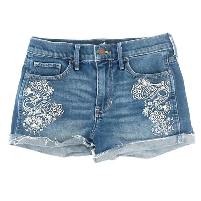 Hollister Jean Shorts Womens 3 26 High Rise Embroidered Short Short Frayed Blue - Image 1 of 4