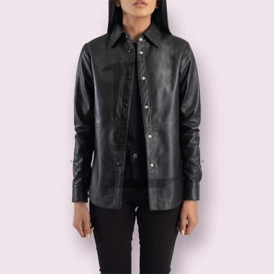 Womens Black Leather Shirt Motorcycle Jacket 100% Genuine Lambskin Jacket Shirt - Image 1 of 4