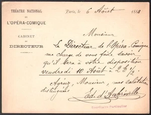 Opéra Comique. Billet autographe signé du cabinet du Directeur. 1888 - Picture 1 of 1