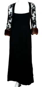 BADGLEY MISCHKA Black Twill Beaded Tulle Sleeve Mink Fur Cuff Evening Gown 10 - Picture 1 of 7