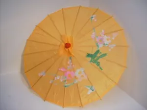 Vtg Silk Parasol Golden Asian Oriental Hand Painted Floral Designs Bamboo Handle - Picture 1 of 2