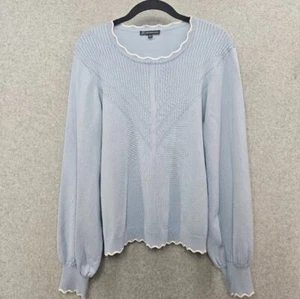 Adrianna Papell Lite Blue White Scalloped Edge Scoop Neck Sweater Women's L - Picture 1 of 3