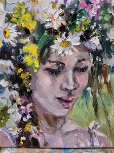 Original Ölgemälde 10"x10" Impressionismus Mädchen Portrait Blumen zeitgenössisch - Bild 1 von 10