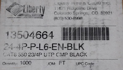 Cable LIBERTY 24-4P-P-L6-EN-BLK CAT6 550 23/4P UTP CMP NEGRO 1000’ Foto 1 de 2