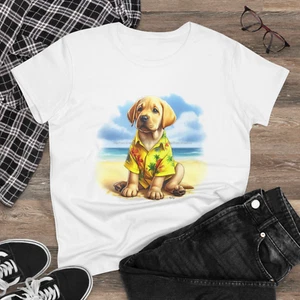 Digipups Yellow Labrador Lab Puppy Dog Hawaiian Fun Sun Beach Bum Ladies T Shirt - Picture 1 of 3