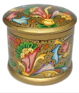 Painted Wood Stamp Roll Box Container H1.75” x D2” Gold Color Floral - Foto 1 di 6