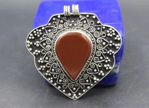 Turkmen Heart Pendant, Carved Alpaka Carnelian Pendant Handmade Pendant - Picture 1 of 8