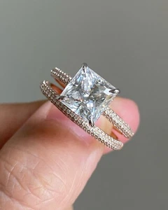 3CT Princess Cut Moissanite Studded 14K Solid Rose Gold Stackable Ring For Her - Picture 1 of 5