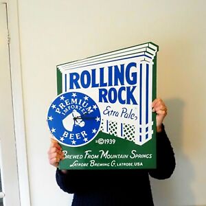 Vintage Rolling Rock Beer Enamel On Metal Advertising Sign Wall Clock Bar Decor