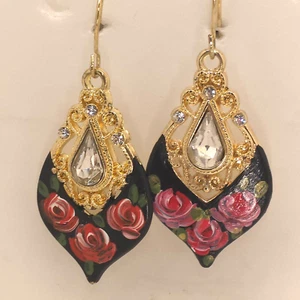 Hand painted teardrop dangle earrings filigree rhinestone hook 1.30" - Picture 1 of 5