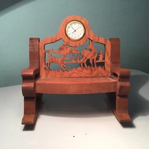 Vintage Handcrafted Rocking Chair with Clock Carved Deer & Fawn - Picture 1 of 5