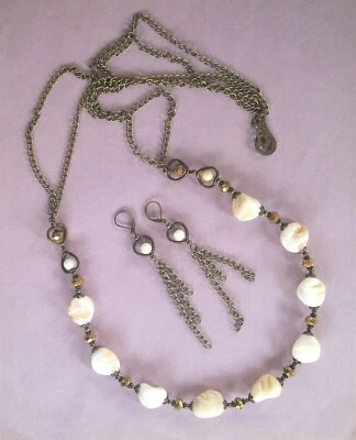 CONCHA BLANCA pepita doble CADENAS CONJUNTO BRONCE Hecho a Mano Foto 1 de 4