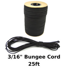 25ft 3/16" Black Bungee Cord Marine Grade Heavy Duty Shock Rope Tie Down Stretch