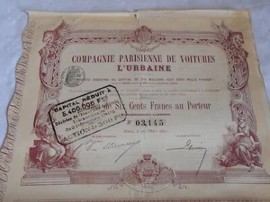 Vintage Aktienzertifikat Aktienanleihe Aktion Compagnie Parisienne Voitures 1892 - Bild 1 von 2