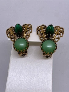 Vintage Gold Grün Mond Leuchten Strass Insekt Ohrringe Krappen Set - Bild 1 von 6