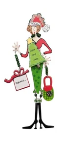 Whimsical Articulated Christmas Lady Shopper Brooch Deck The Halls Xmas Tree Pin - Picture 1 of 8