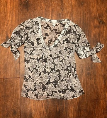 Blusa Top Anthropologie Odille Mujer Transparente 100% Seda Floral Negro/Blanco Talla 2 Foto 1 de 4