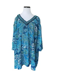 Catherines Womens Pleated Tunic Top Size 3XL Blue Paisley Embellished Beaded - Picture 1 of 13