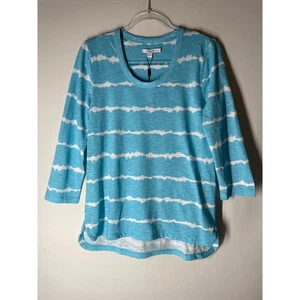 Chico's blau Noppen Baumwolle Batik gestreift 3/4 Ärmel T-Shirt Größe 1 Medium NEU  - Bild 1 von 5