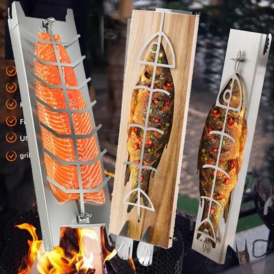 1/2x BBQ Flammlachsbrett Set Edelstahl Halterung Brett Lachsbretter Räucherbrett - Bild 1 von 4