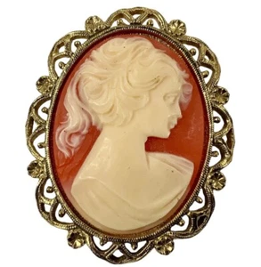 Vintage Victorian Gold Toned Carved Resin Cameo Pin Closed Back Cream Orange - Picture 1 of 7
