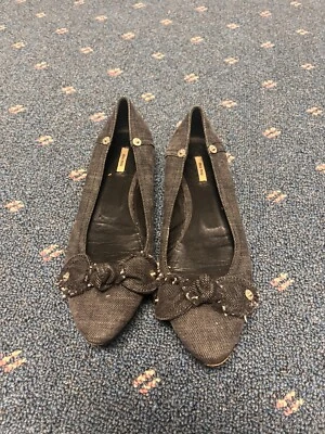 Pisos de ballet de mezclilla Miu Miu azul gris con lazo talla 6, EU 36,5 punta de botón plateada Foto 1 de 4