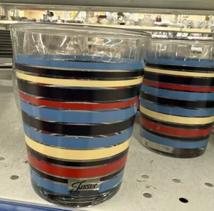 Vintage Fiesta Gläser 4er Set Rocks Becher blau, rot, gelb, weiße Streifen - Bild 1 von 1